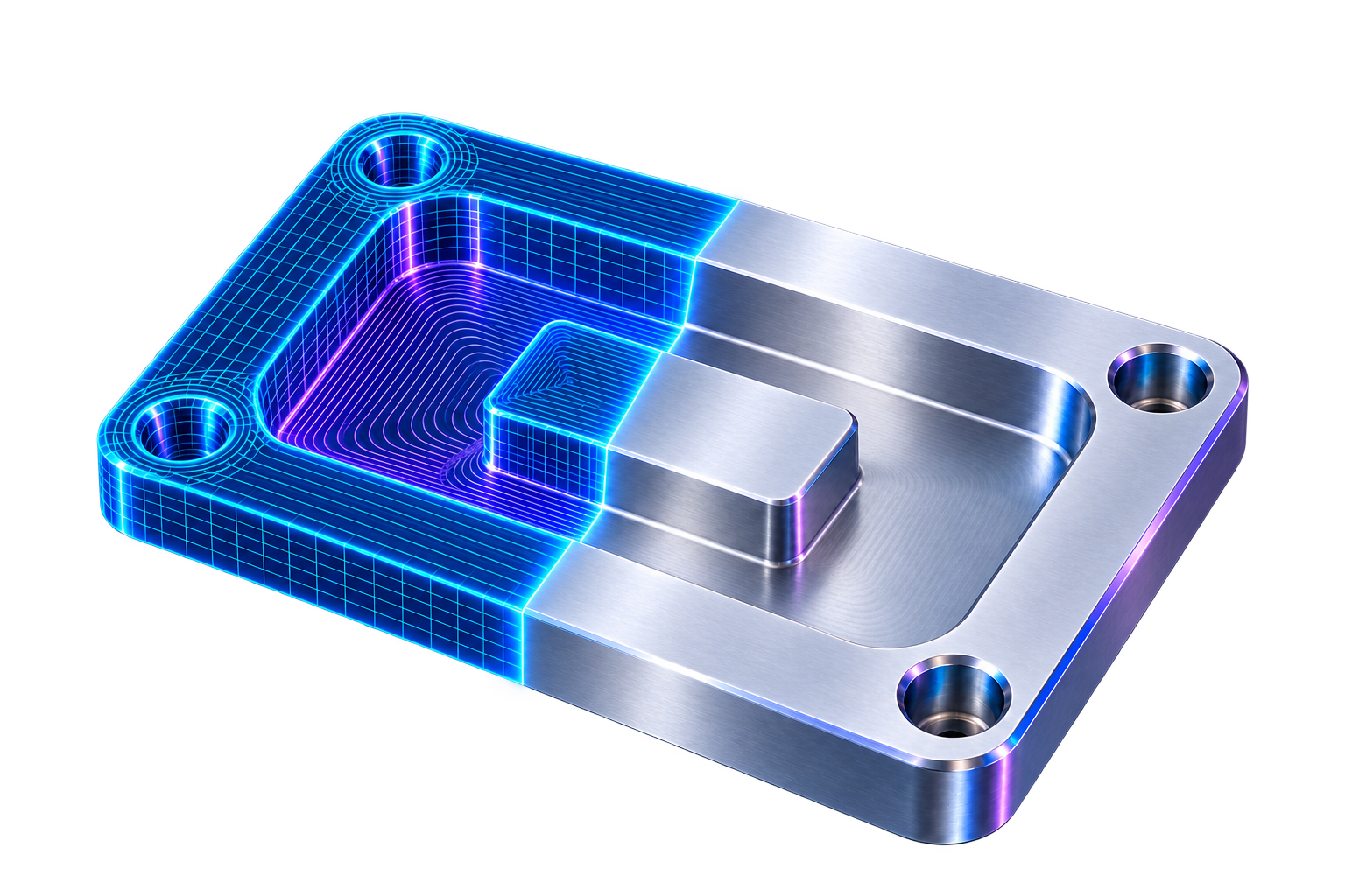 A concept part transitioning from blue wireframe and purple toolpaths into machined aluminum.