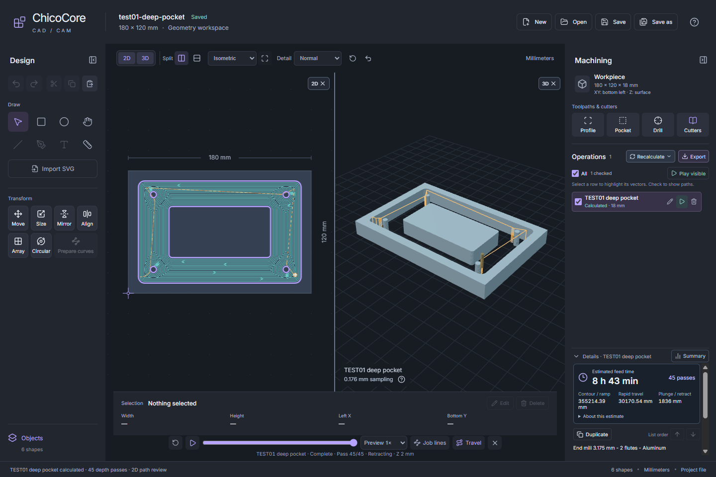 Actual ChicoCore CAD/CAM development workspace with 2D toolpaths and a matching 3D stock preview.