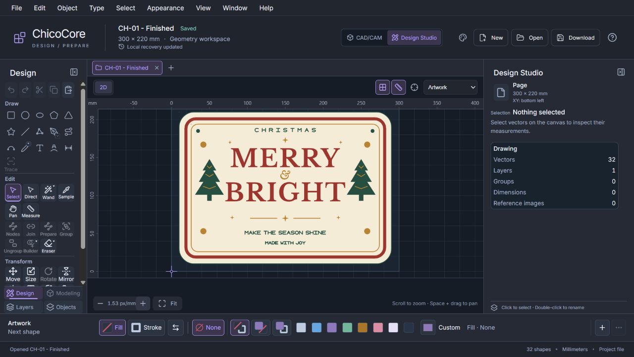 ChicoCore Design Studio showing the Merry and Bright sign artwork, with drawing tools, artwork colors, and the drawing inspector.