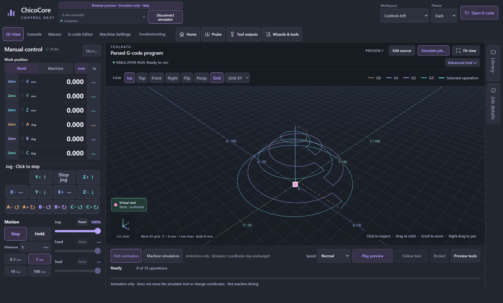 Actual ChicoCore Control browser simulator with six-axis positions, manual jog controls, and a 3D toolpath.