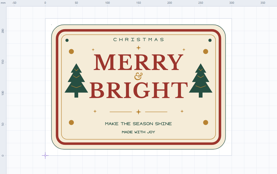 Editable Merry and Bright sign in Studio, with red serif lettering, green evergreens and a recessed border